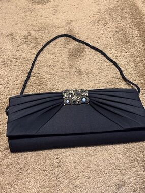 Satin Navy Evening Clutch with Jeweled Accent